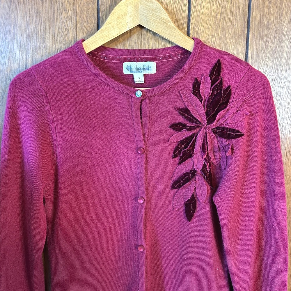 Vintage Linden Hill Womens Cardigan Sweater Size S Button Front Burgundy Floral